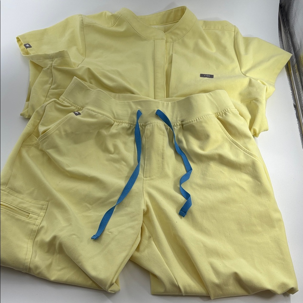 COS Pale Yellow Track Joggers with Blue Drawstrings
